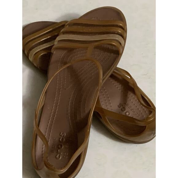 Crocs Women's Tan Slip-On Peep Comfort Strappy Ballet Flats Jelly Sandals Size 9 - Picture 3 of 5
